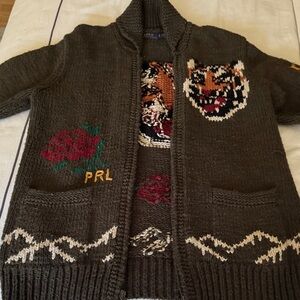 Ralph Lauren Dark Brown Cardigan with Tiger and Rose Motif zip up cardigan